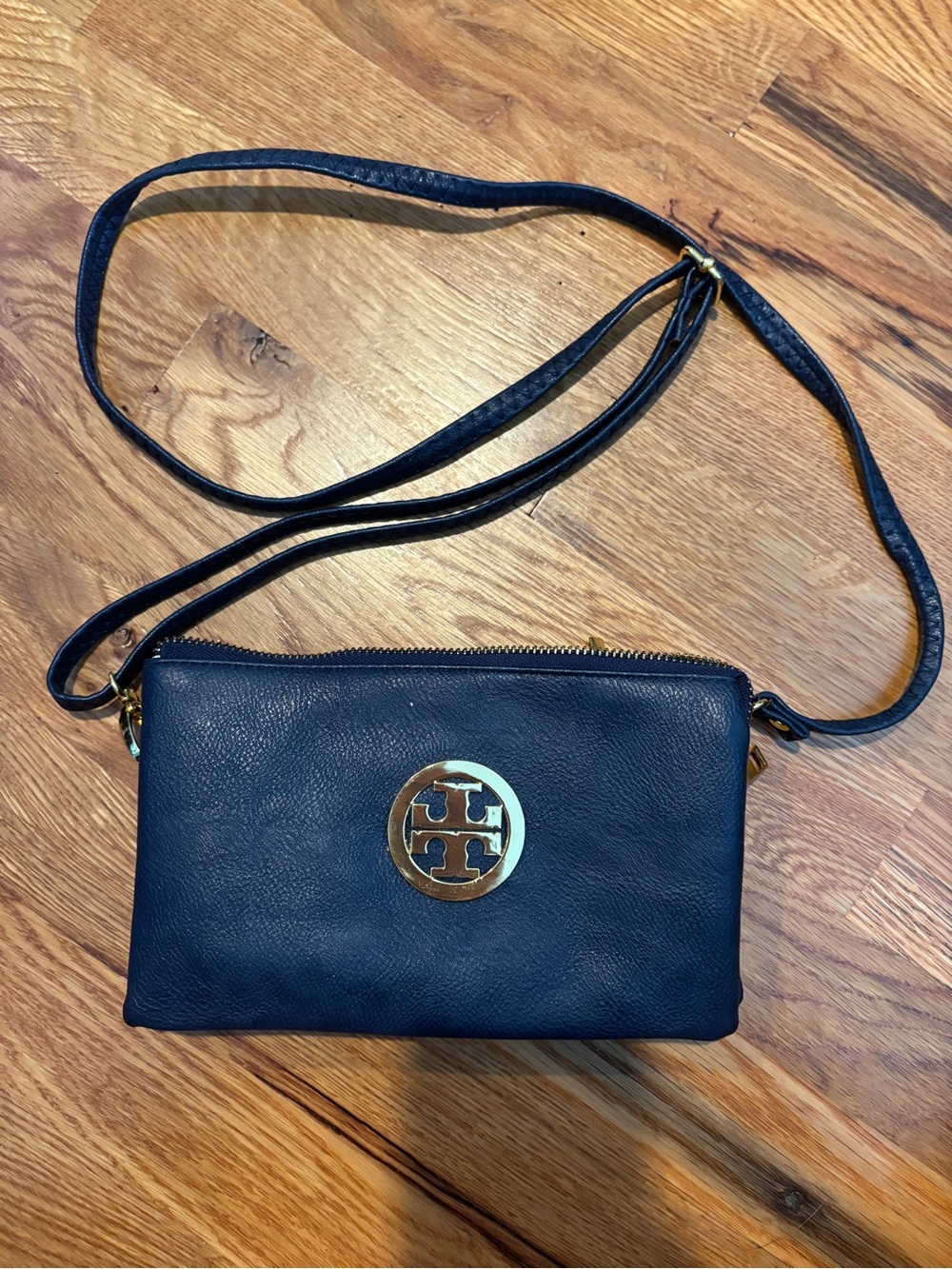 Tory Burch Navy Leather Crossbody with Gold Logo Medallion